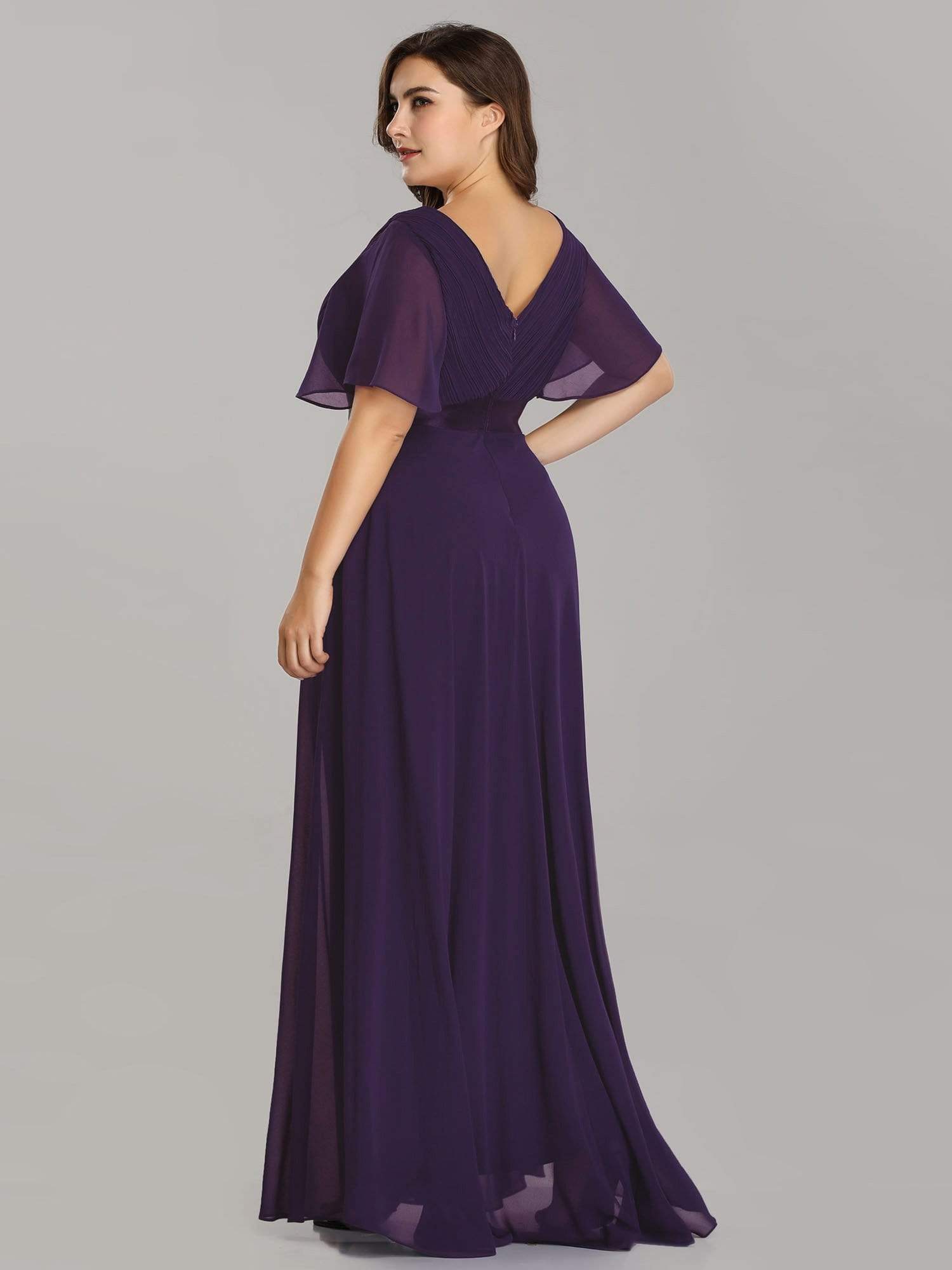 COLOR=Dark Purple | Plus Size Long Empire Waist Evening Dress With Short Flutter Sleeves-Dark Purple 4 COLOR=Dark Purple | Plus Size Long Empire Waist Evening Dress With Short Flutter Sleeves-Dark Purple 4