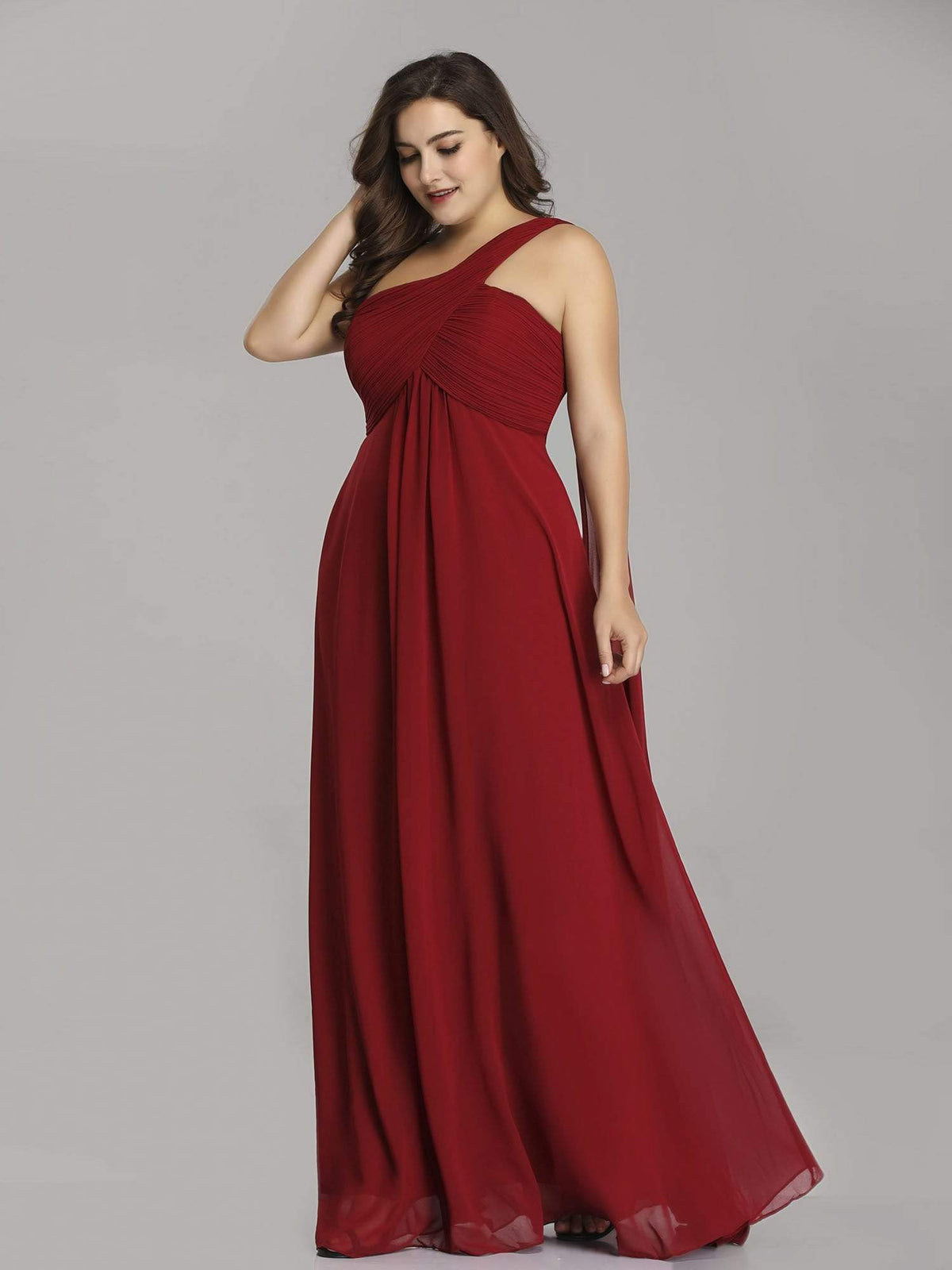 Color=Burgundy | Plus Size One Shoulder Evening Dress-Burgundy 2