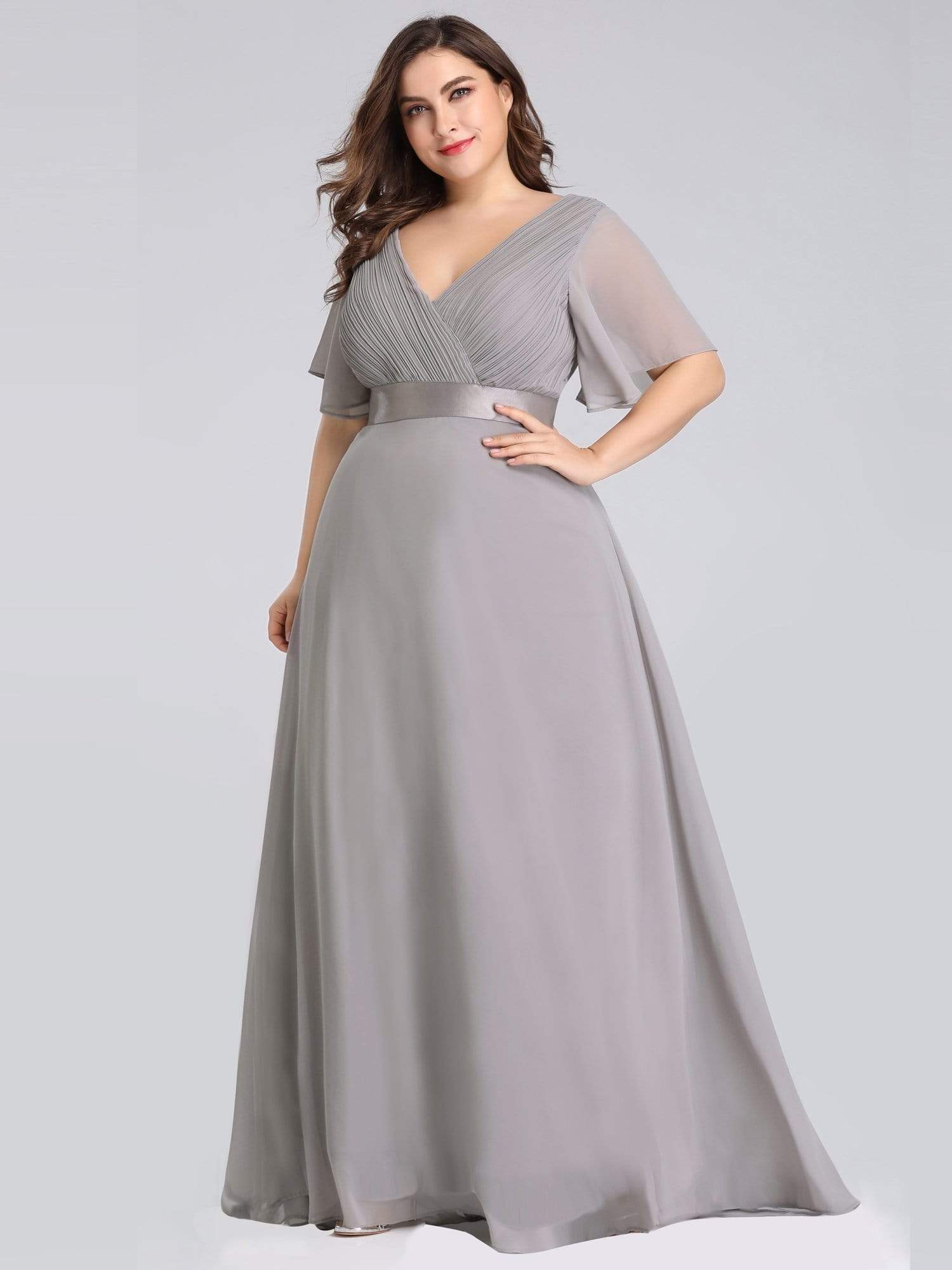 COLOR=Grey | Plus Size Long Empire Waist Evening Dress With Short Flutter Sleeves-Grey 1 COLOR=Grey | Plus Size Long Empire Waist Evening Dress With Short Flutter Sleeves-Grey 1