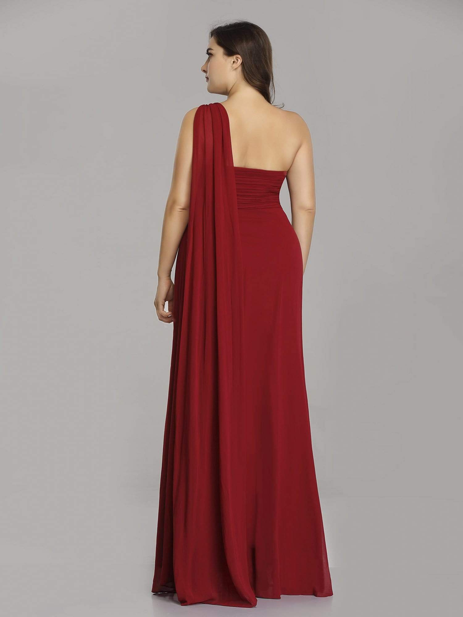 Color=Burgundy | Plus Size One Shoulder Evening Dress-Burgundy 5 Color=Burgundy | Plus Size One Shoulder Evening Dress-Burgundy 5