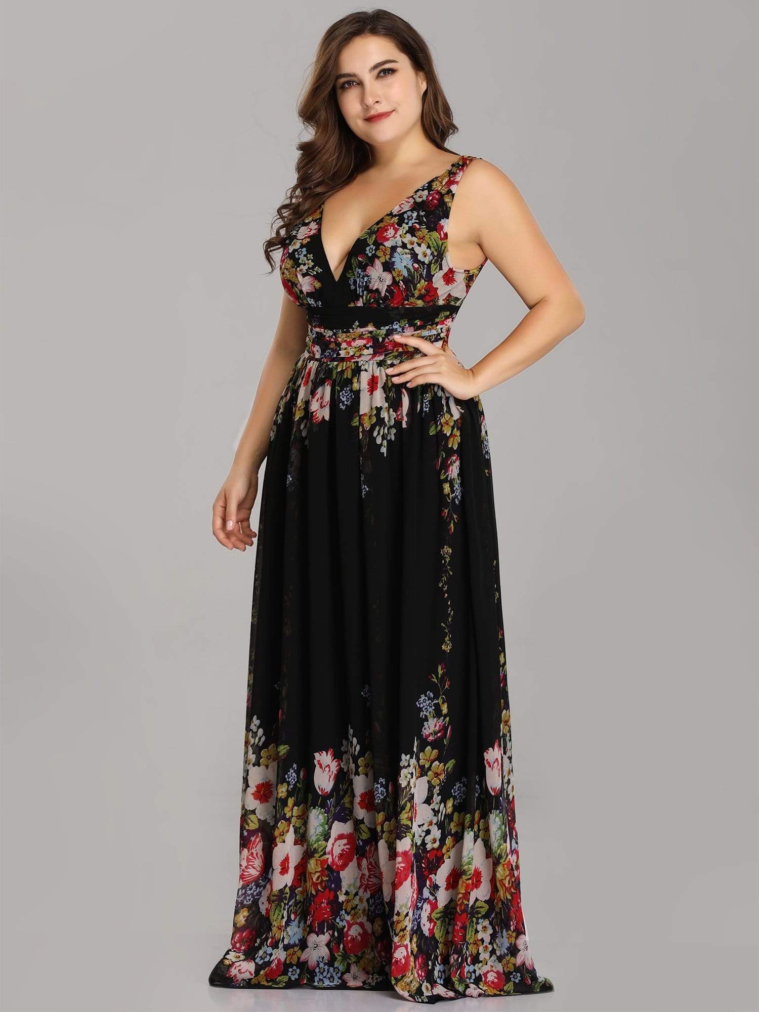 COLOR=Printed Black | Plus Size Sleeveless V-Neck Semi-Formal Chiffon Maxi Dress-Printed Black 1 COLOR=Printed Black | Plus Size Sleeveless V-Neck Semi-Formal Chiffon Maxi Dress-Printed Black 1
