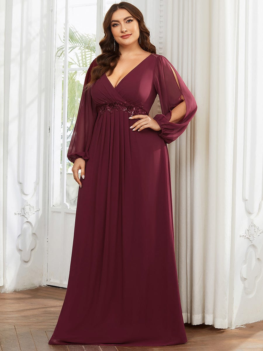 Elegant Chiffon V-Neckline Long Sleeve Formal Evening Dress #color_Burgundy Elegant Chiffon V-Neckline Long Sleeve Formal Evening Dress #color_Burgundy