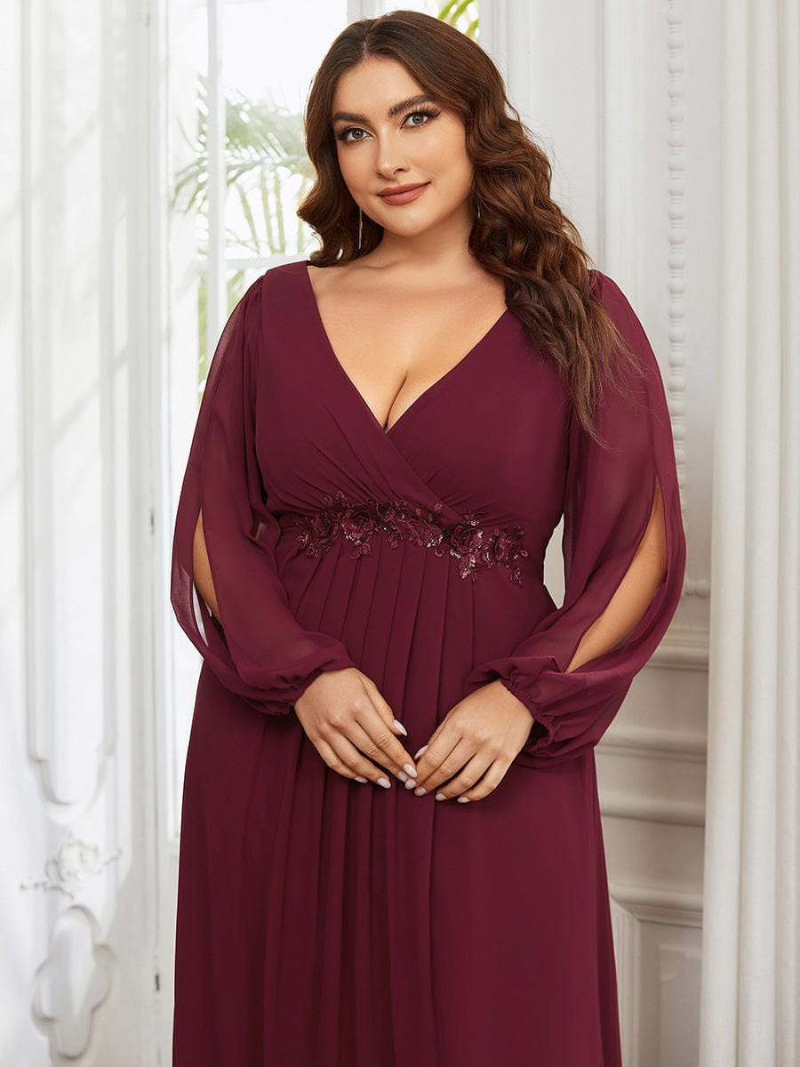Elegant Chiffon V-Neckline Long Sleeve Formal Evening Dress #color_Burgundy Elegant Chiffon V-Neckline Long Sleeve Formal Evening Dress #color_Burgundy