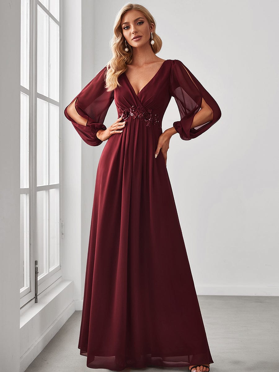 Elegant Chiffon V-Neckline Long Sleeve Formal Evening Dress #color_Burgundy Elegant Chiffon V-Neckline Long Sleeve Formal Evening Dress #color_Burgundy