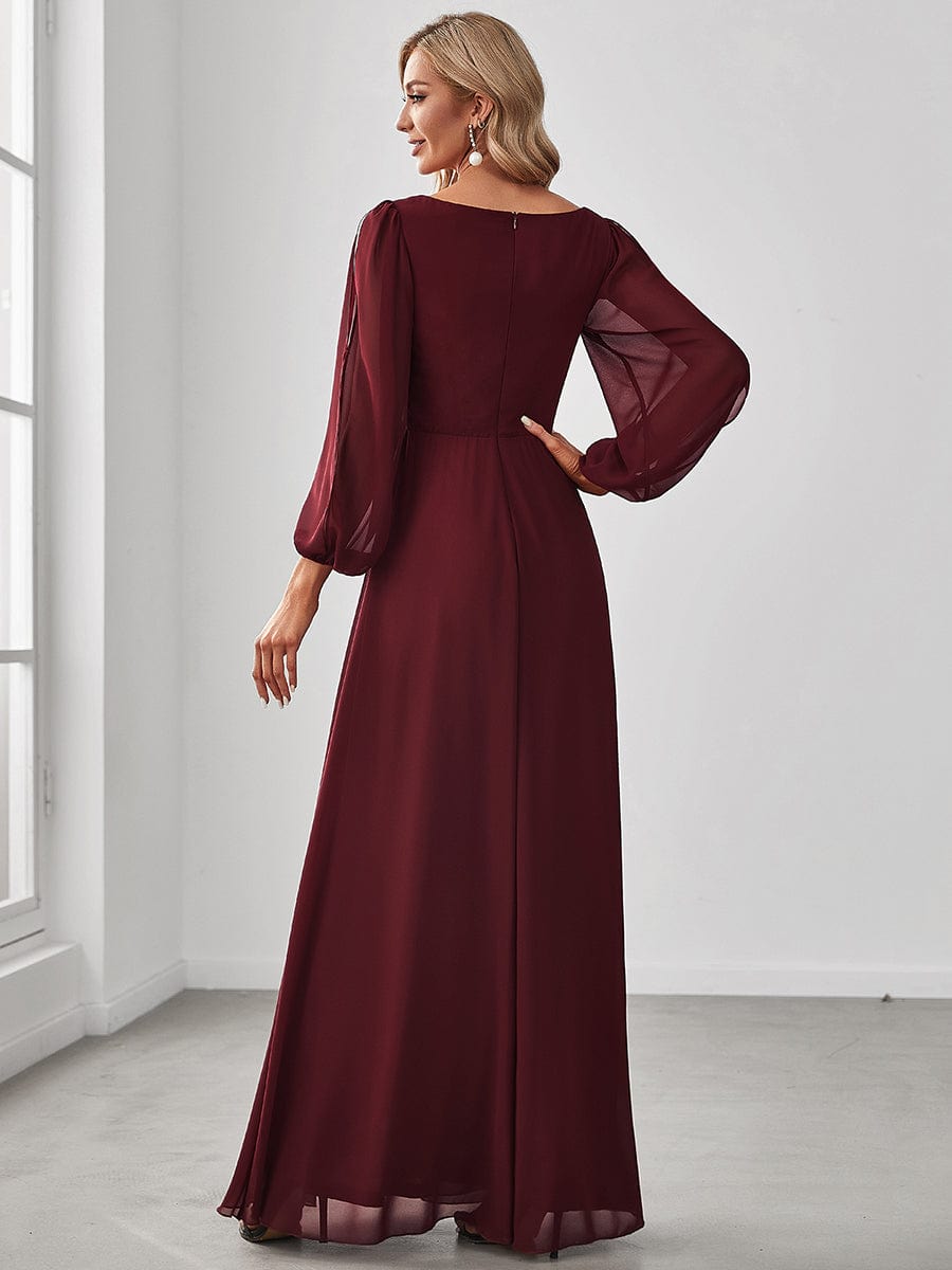 Elegant Chiffon V-Neckline Long Sleeve Formal Evening Dress #color_Burgundy Elegant Chiffon V-Neckline Long Sleeve Formal Evening Dress #color_Burgundy