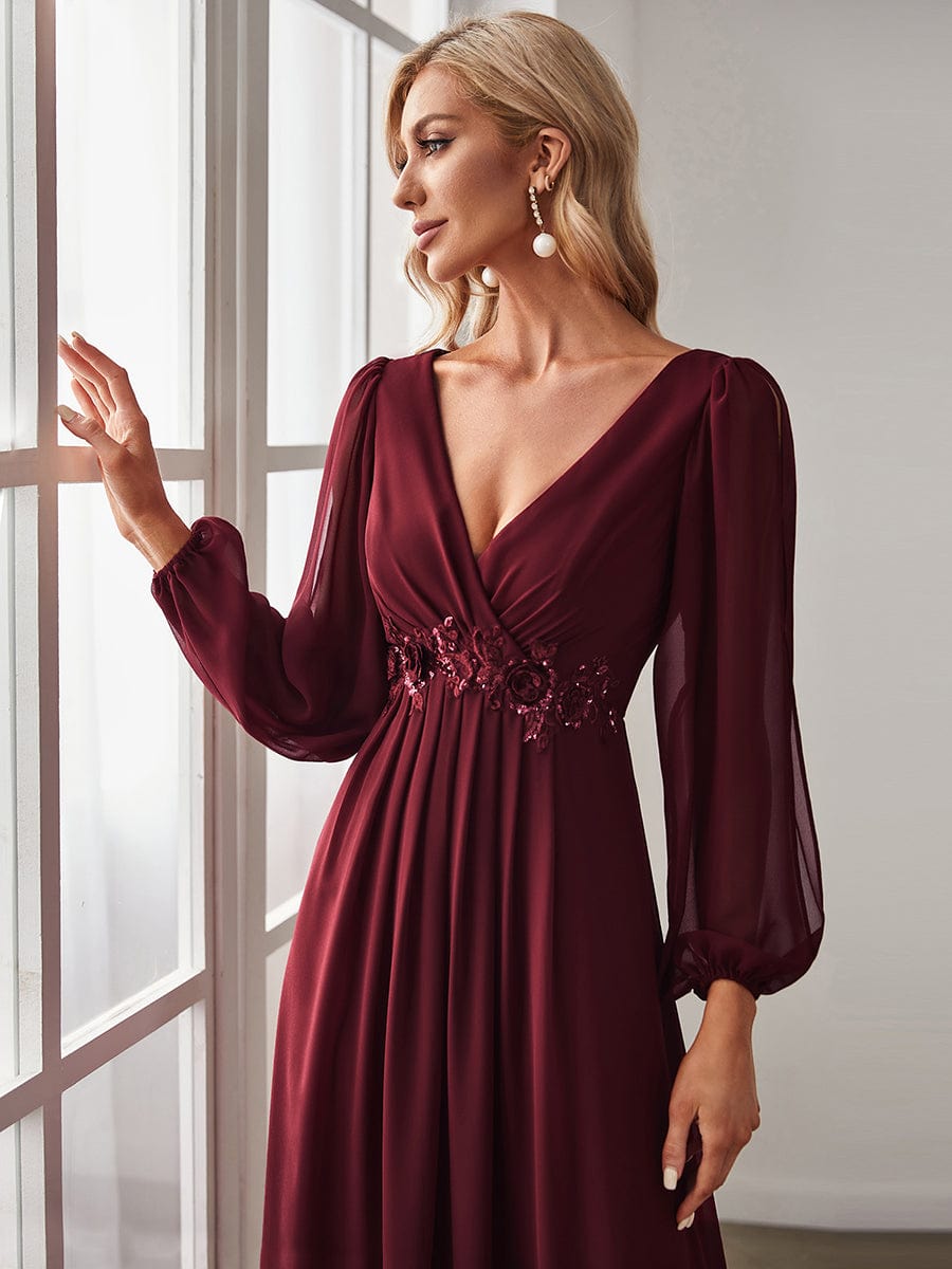 Elegant Chiffon V-Neckline Long Sleeve Formal Evening Dress #color_Burgundy Elegant Chiffon V-Neckline Long Sleeve Formal Evening Dress #color_Burgundy