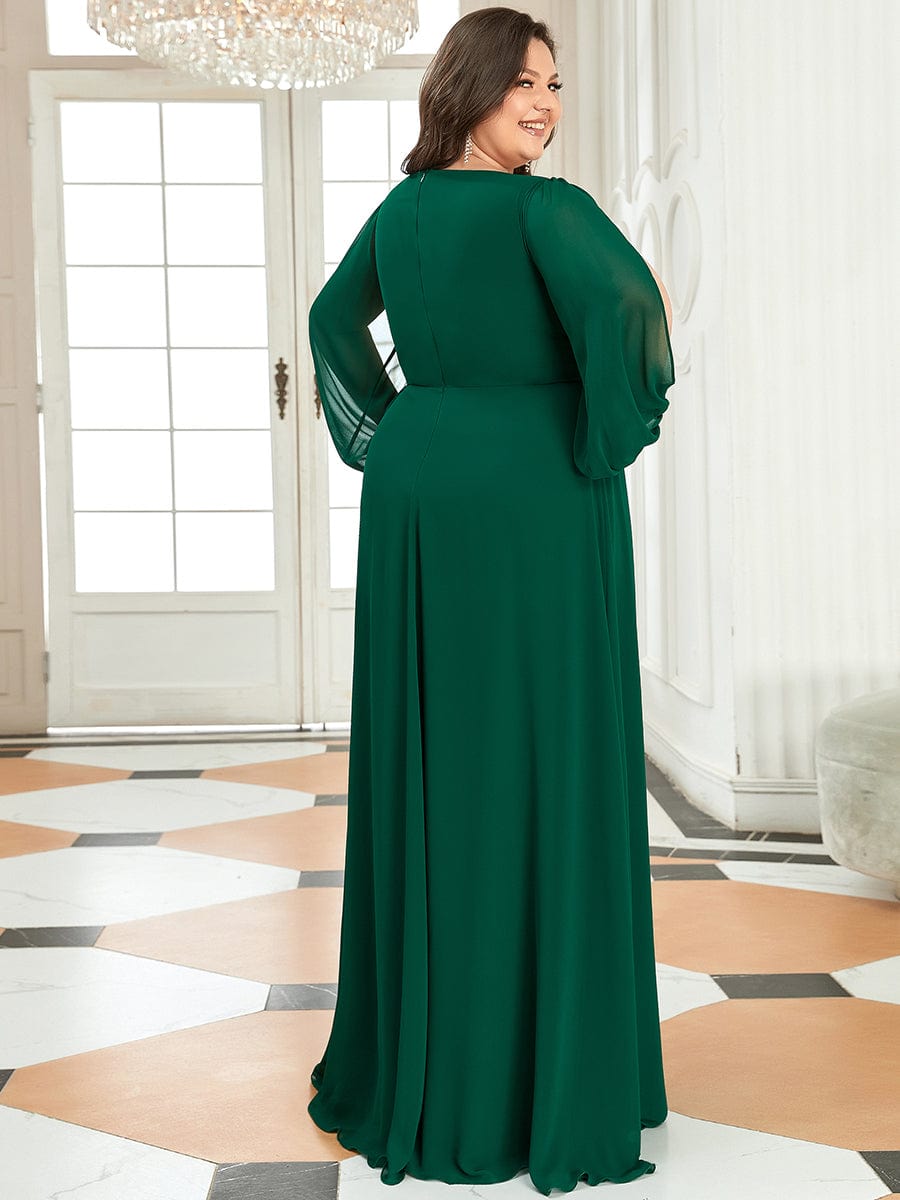 Elegant Chiffon V-Neckline Long Sleeve Formal Evening Dress #color_Dark Green Elegant Chiffon V-Neckline Long Sleeve Formal Evening Dress #color_Dark Green