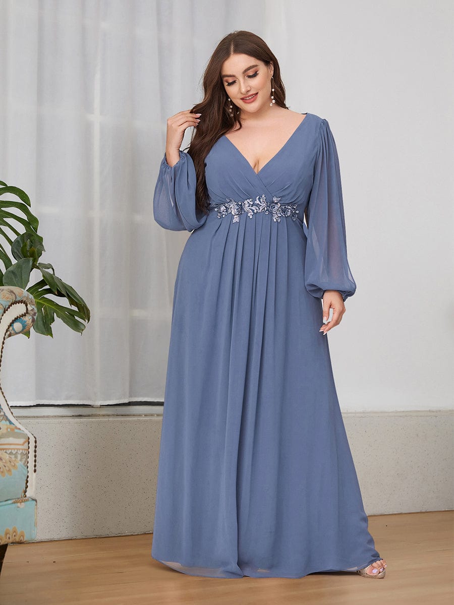 Elegant Chiffon V-Neckline Long Sleeve Formal Evening Dress #color_Dusty Navy Elegant Chiffon V-Neckline Long Sleeve Formal Evening Dress #color_Dusty Navy