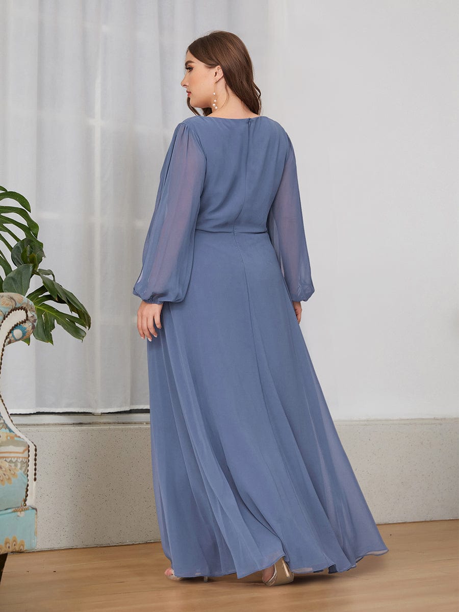 Elegant Chiffon V-Neckline Long Sleeve Formal Evening Dress #color_Dusty Navy Elegant Chiffon V-Neckline Long Sleeve Formal Evening Dress #color_Dusty Navy