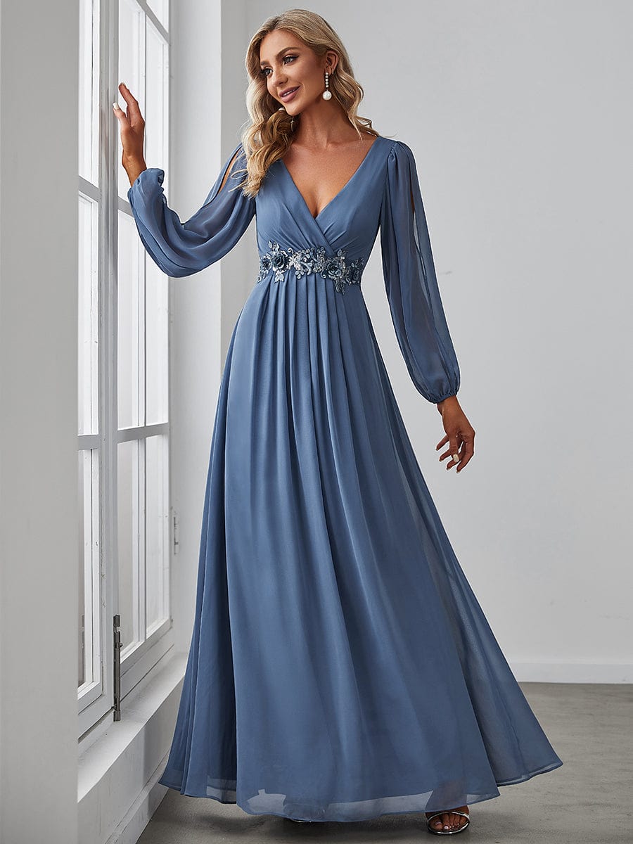 Elegant Chiffon V-Neckline Long Sleeve Formal Evening Dress #color_Dusty Navy Elegant Chiffon V-Neckline Long Sleeve Formal Evening Dress #color_Dusty Navy
