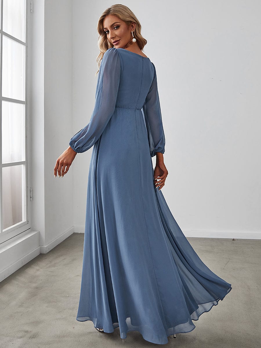 Elegant Chiffon V-Neckline Long Sleeve Formal Evening Dress #color_Dusty Navy Elegant Chiffon V-Neckline Long Sleeve Formal Evening Dress #color_Dusty Navy