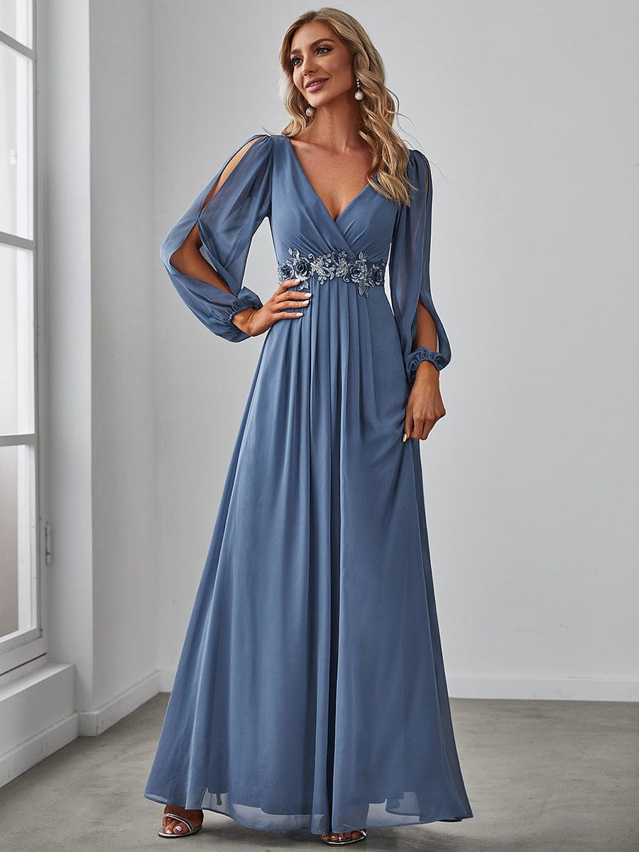 Elegant Chiffon V-Neckline Long Sleeve Formal Evening Dress #color_Dusty Navy Elegant Chiffon V-Neckline Long Sleeve Formal Evening Dress #color_Dusty Navy