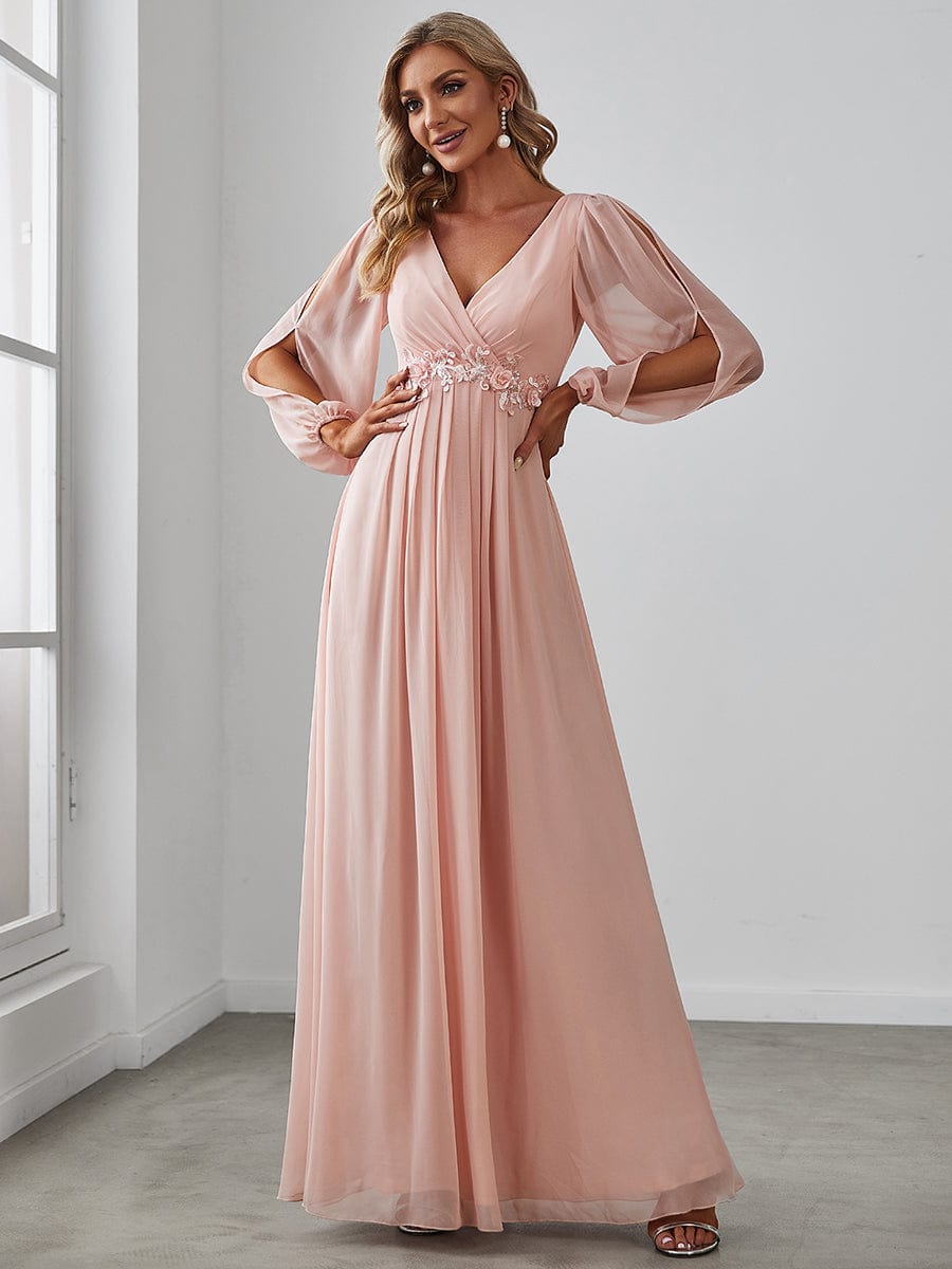 Elegant Chiffon V-Neckline Long Sleeve Formal Evening Dress #color_Pink Elegant Chiffon V-Neckline Long Sleeve Formal Evening Dress #color_Pink
