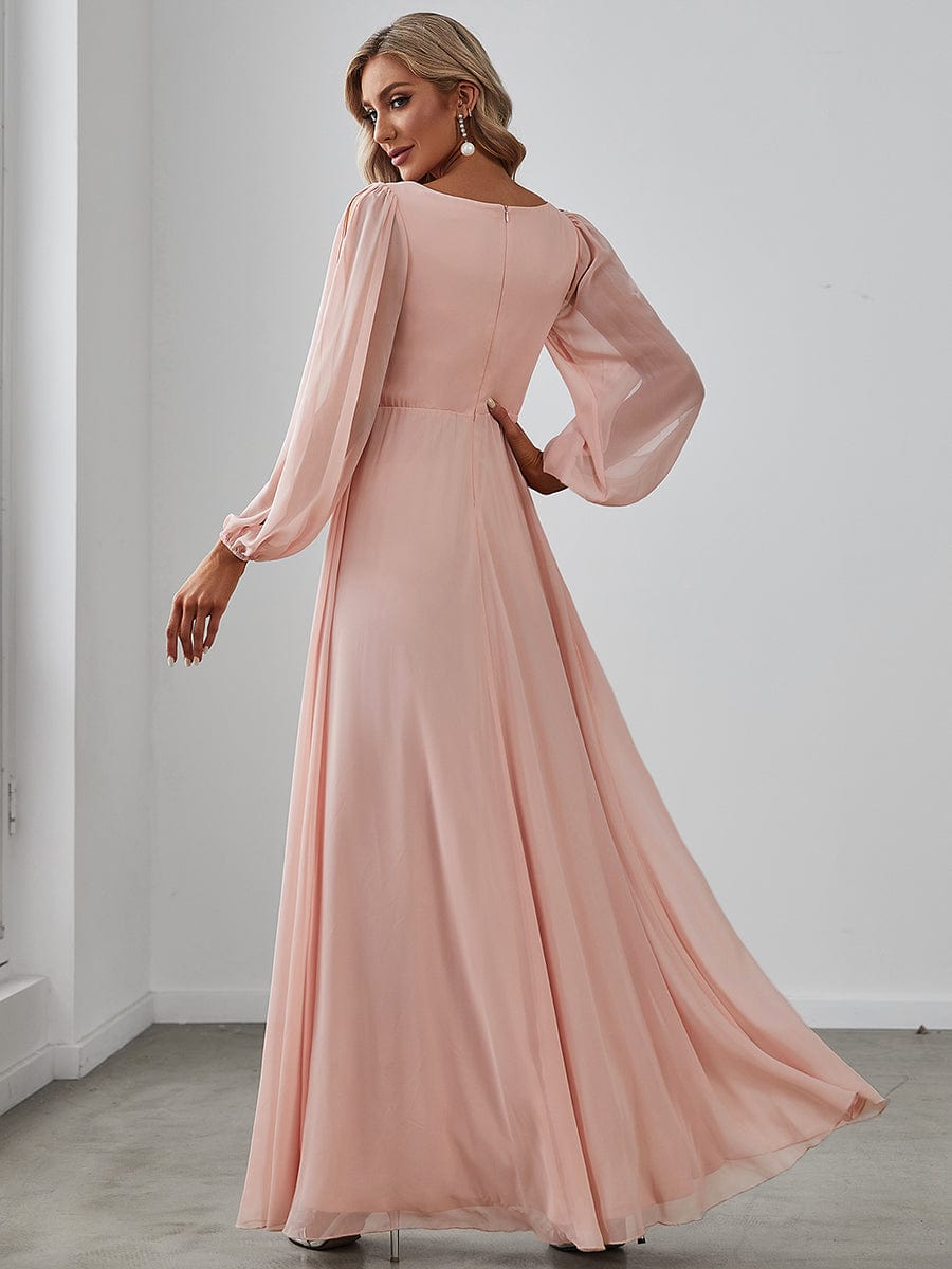 Elegant Chiffon V-Neckline Long Sleeve Formal Evening Dress #color_Pink Elegant Chiffon V-Neckline Long Sleeve Formal Evening Dress #color_Pink