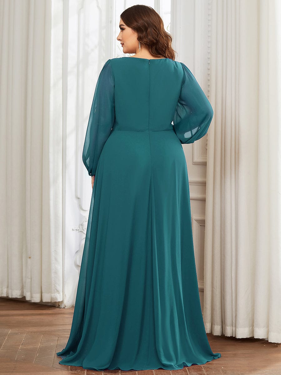 Waist Sequin Applique Chiffon Hollow Long Sleeve Evening Dress #color_Teal Waist Sequin Applique Chiffon Hollow Long Sleeve Evening Dress #color_Teal