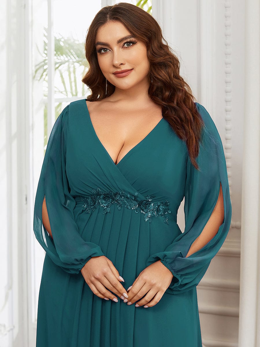 Waist Sequin Applique Chiffon Hollow Long Sleeve Evening Dress #color_Teal Waist Sequin Applique Chiffon Hollow Long Sleeve Evening Dress #color_Teal