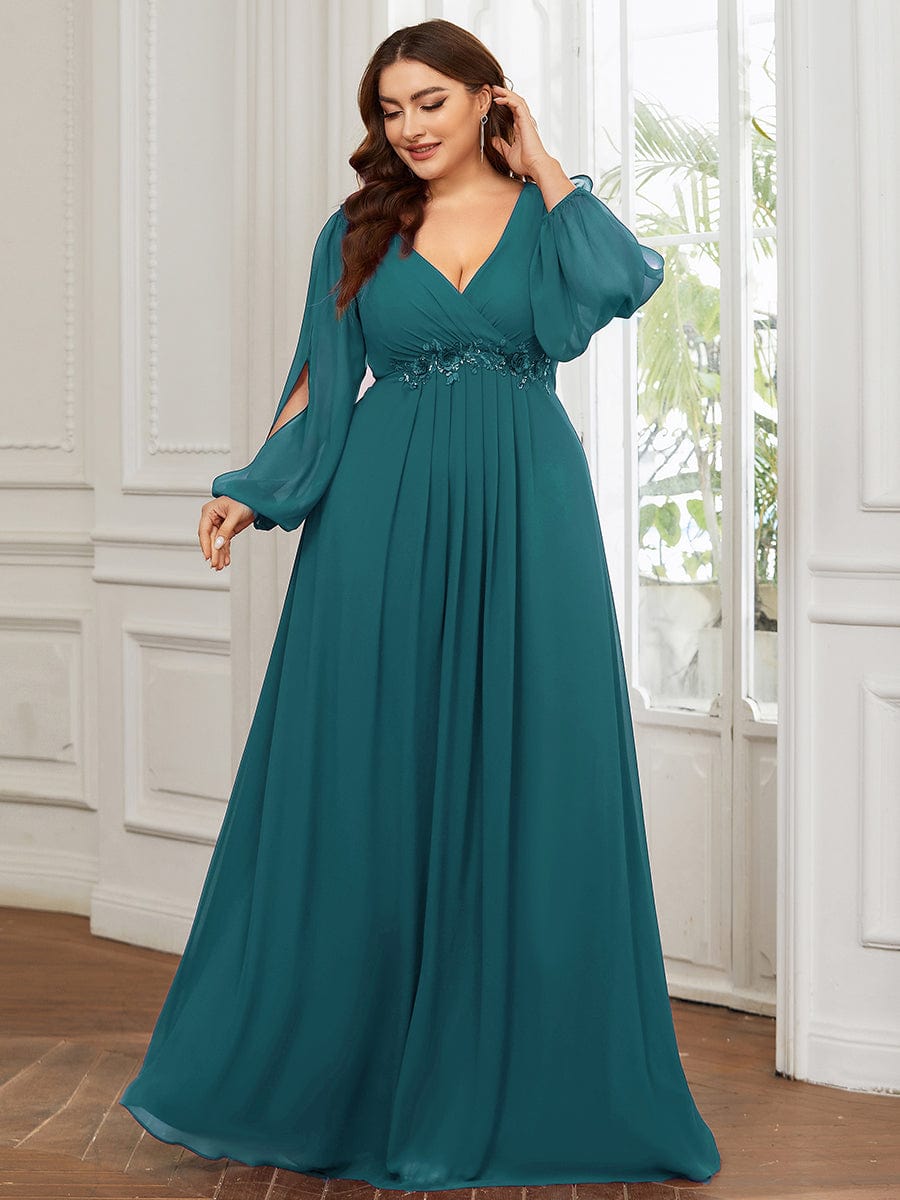 Waist Sequin Applique Chiffon Hollow Long Sleeve Evening Dress #color_Teal Waist Sequin Applique Chiffon Hollow Long Sleeve Evening Dress #color_Teal