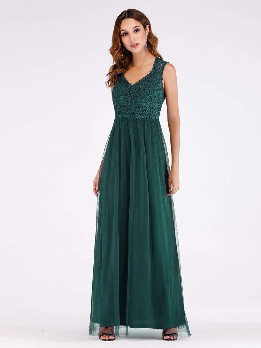 Color=Dark Green | Elegant A Line V Neck Hollow Out Long Bridesmaid Dress With Lace Bodice-Dark Green 4 Color=Dark Green | Elegant A Line V Neck Hollow Out Long Bridesmaid Dress With Lace Bodice-Dark Green 4