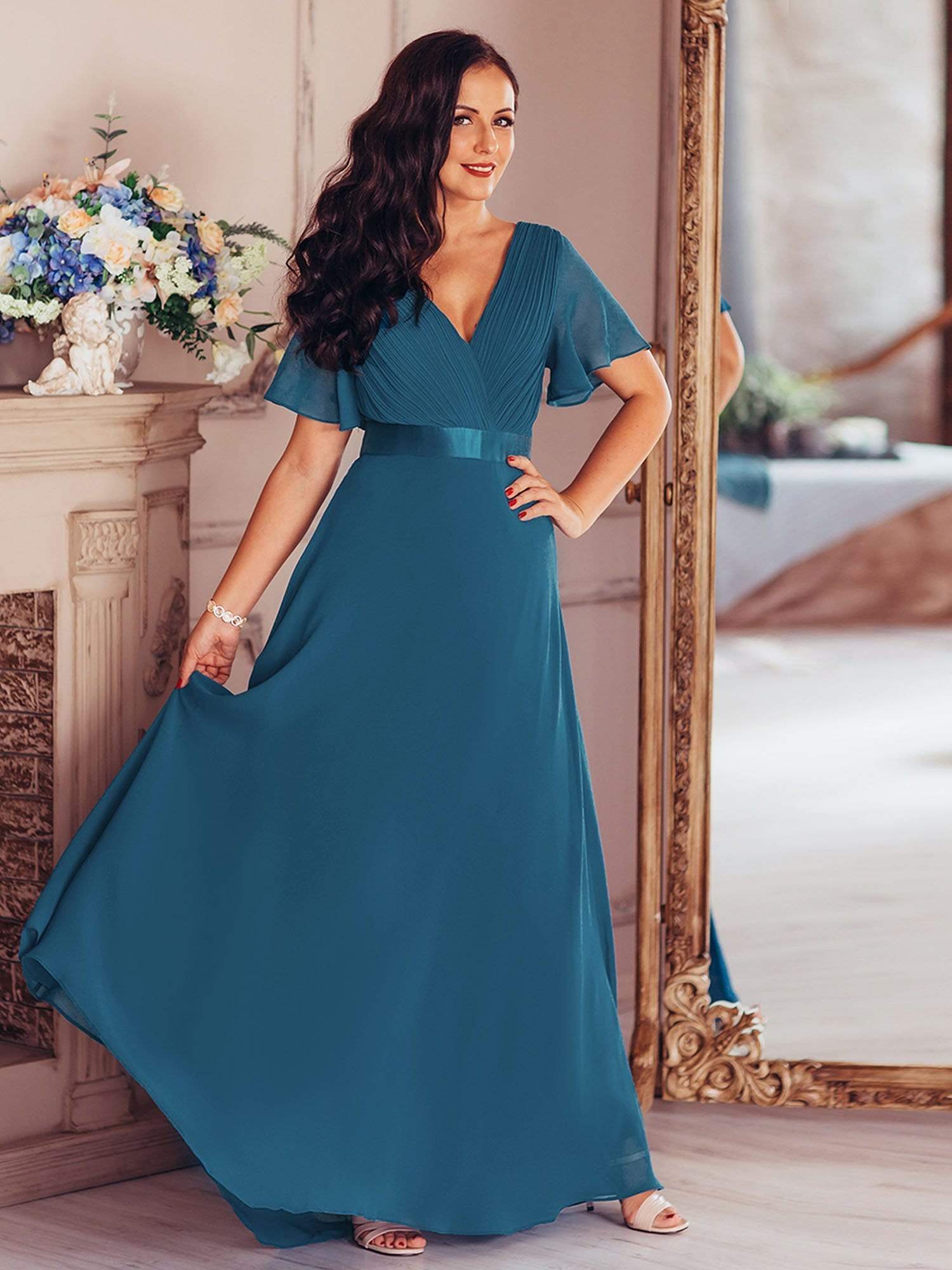 Color=Teal | Long Empire Waist Evening Dress With Short Flutter Sleeves-Teal 5 Color=Teal | Long Empire Waist Evening Dress With Short Flutter Sleeves-Teal 5