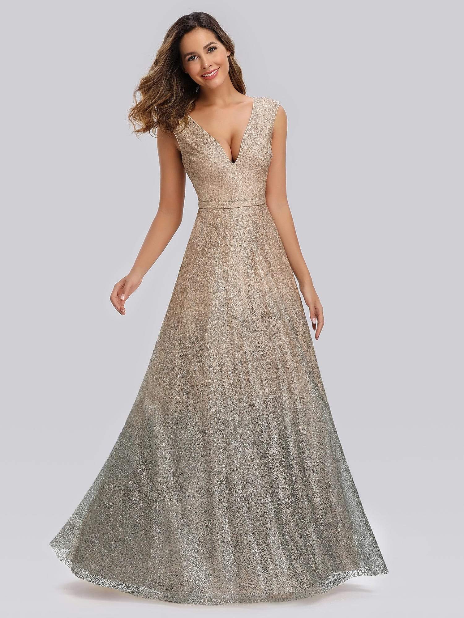 Color=Blush | Gradient V Neck Floor Length Evening Dress-Blush 1 Color=Blush | Gradient V Neck Floor Length Evening Dress-Blush 1