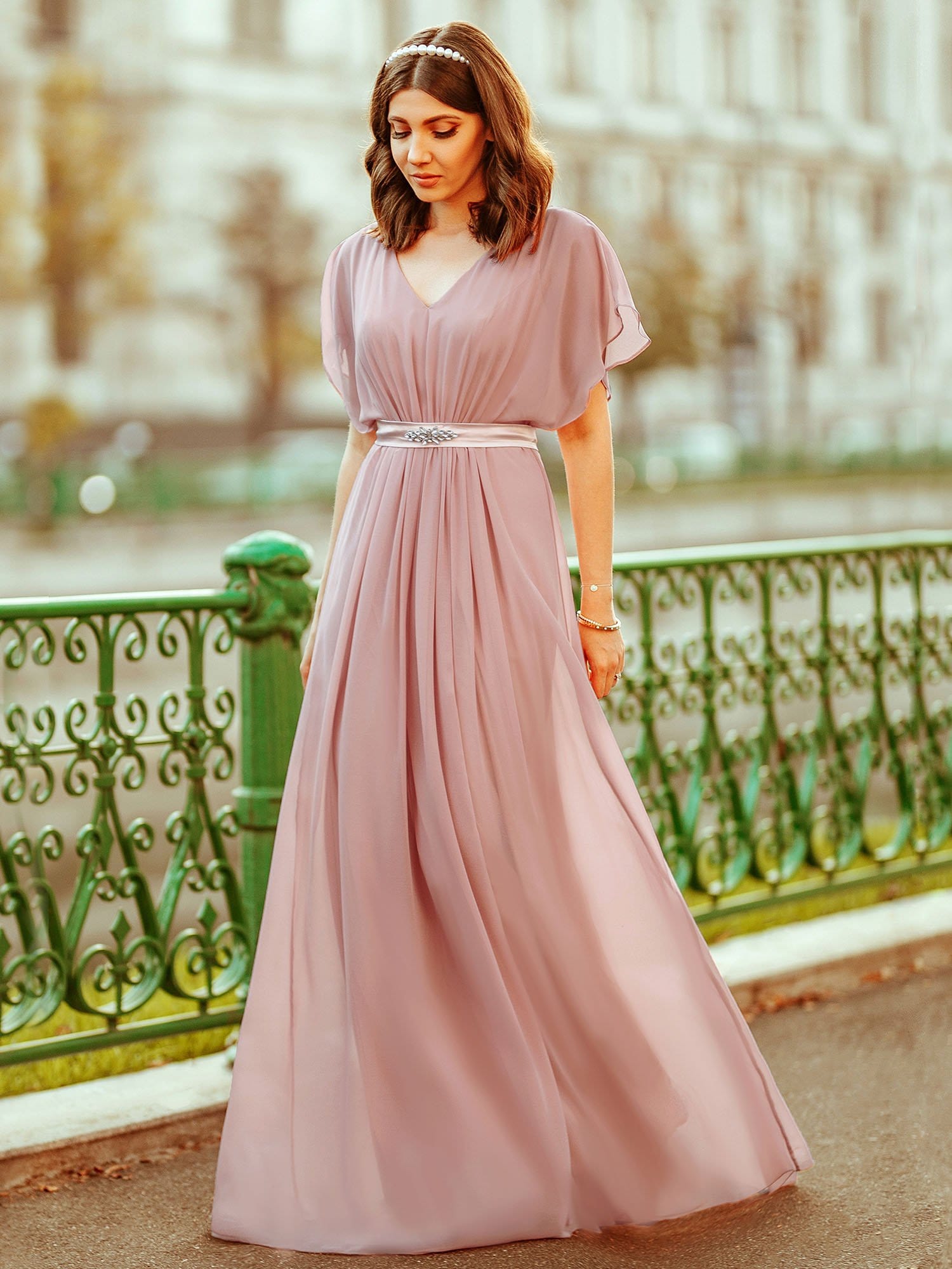 Color=Mauve | Long Flowy Evening Dress With V Neck-Mauve 6 Color=Mauve | Long Flowy Evening Dress With V Neck-Mauve 6