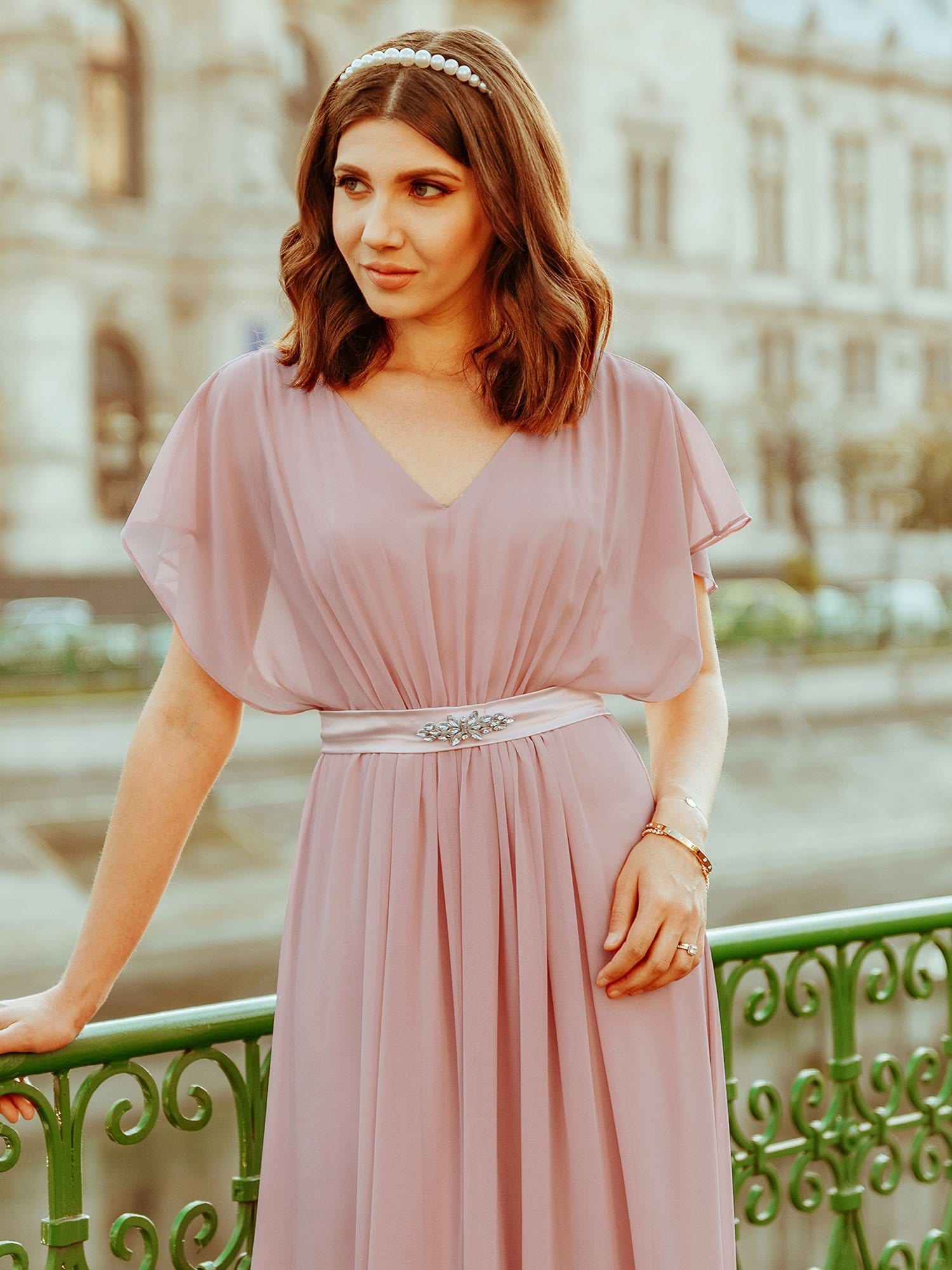 Color=Mauve | Long Flowy Evening Dress With V Neck-Mauve 5 Color=Mauve | Long Flowy Evening Dress With V Neck-Mauve 5