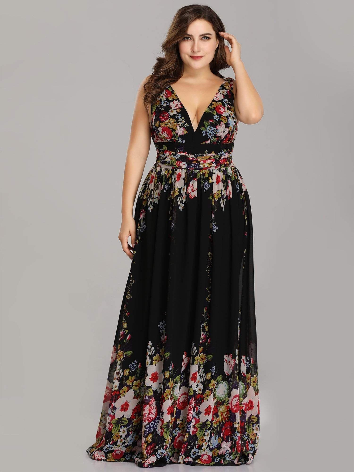 COLOR=Printed Black | Plus Size Sleeveless V-Neck Semi-Formal Chiffon Maxi Dress-Printed Black 2 COLOR=Printed Black | Plus Size Sleeveless V-Neck Semi-Formal Chiffon Maxi Dress-Printed Black 2