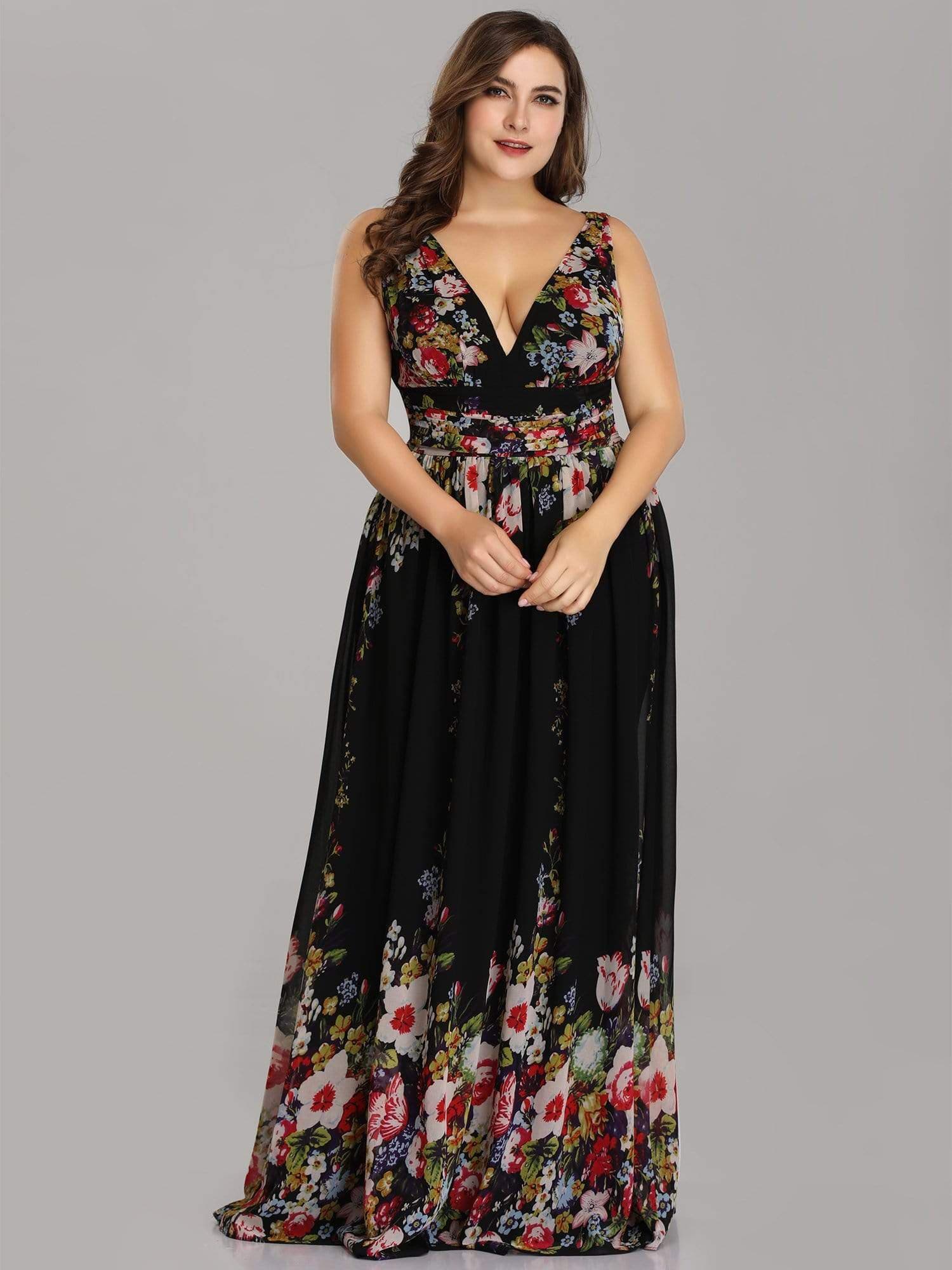COLOR=Printed Black | Plus Size Sleeveless V-Neck Semi-Formal Chiffon Maxi Dress-Printed Black 3 COLOR=Printed Black | Plus Size Sleeveless V-Neck Semi-Formal Chiffon Maxi Dress-Printed Black 3