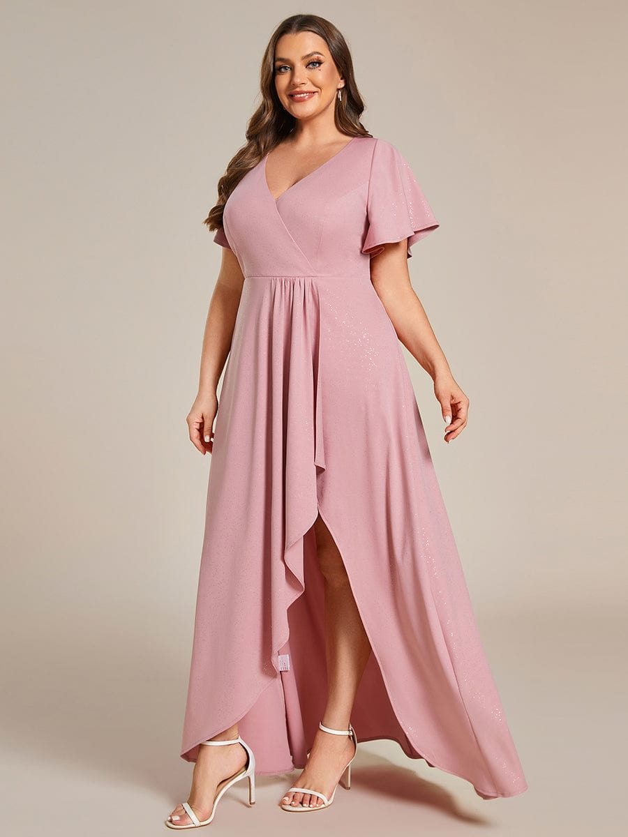 Plus Size Ruffled High-Low Front Slit Evening Dress with Glitter #color_Dusty Rose