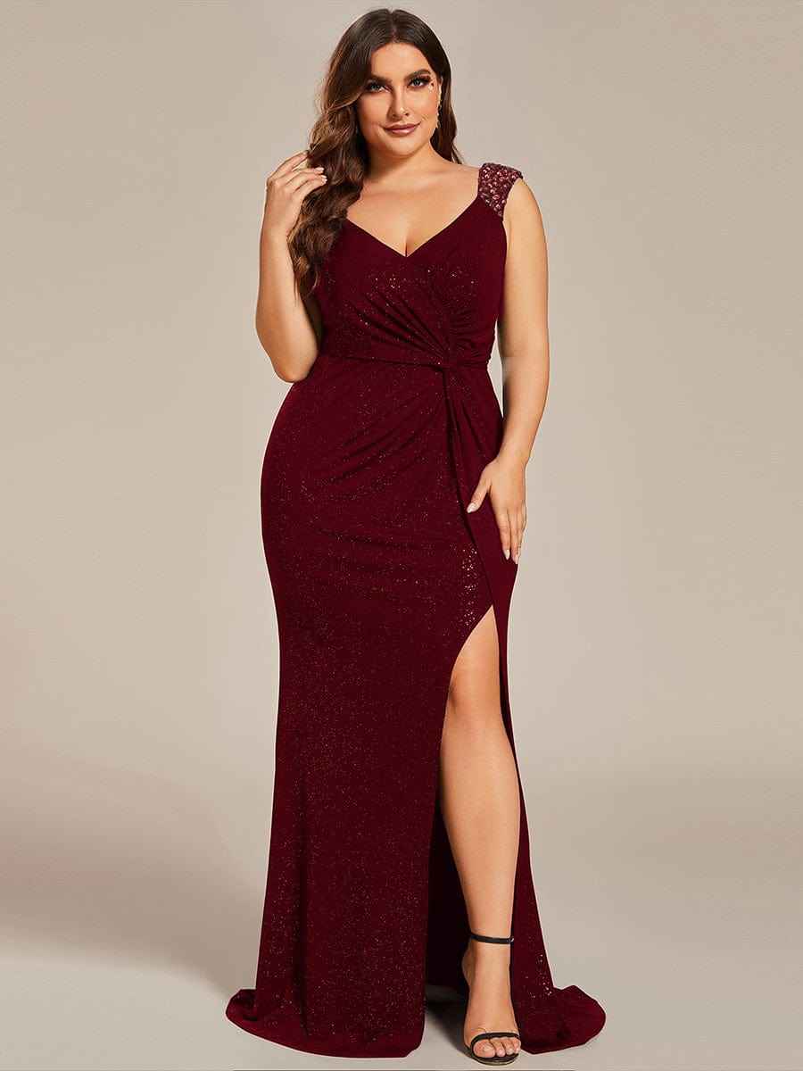 Plus Size Glitter V-Neck High Slit Sequin Shoulder Strap Evening Dress #color_Burgundy