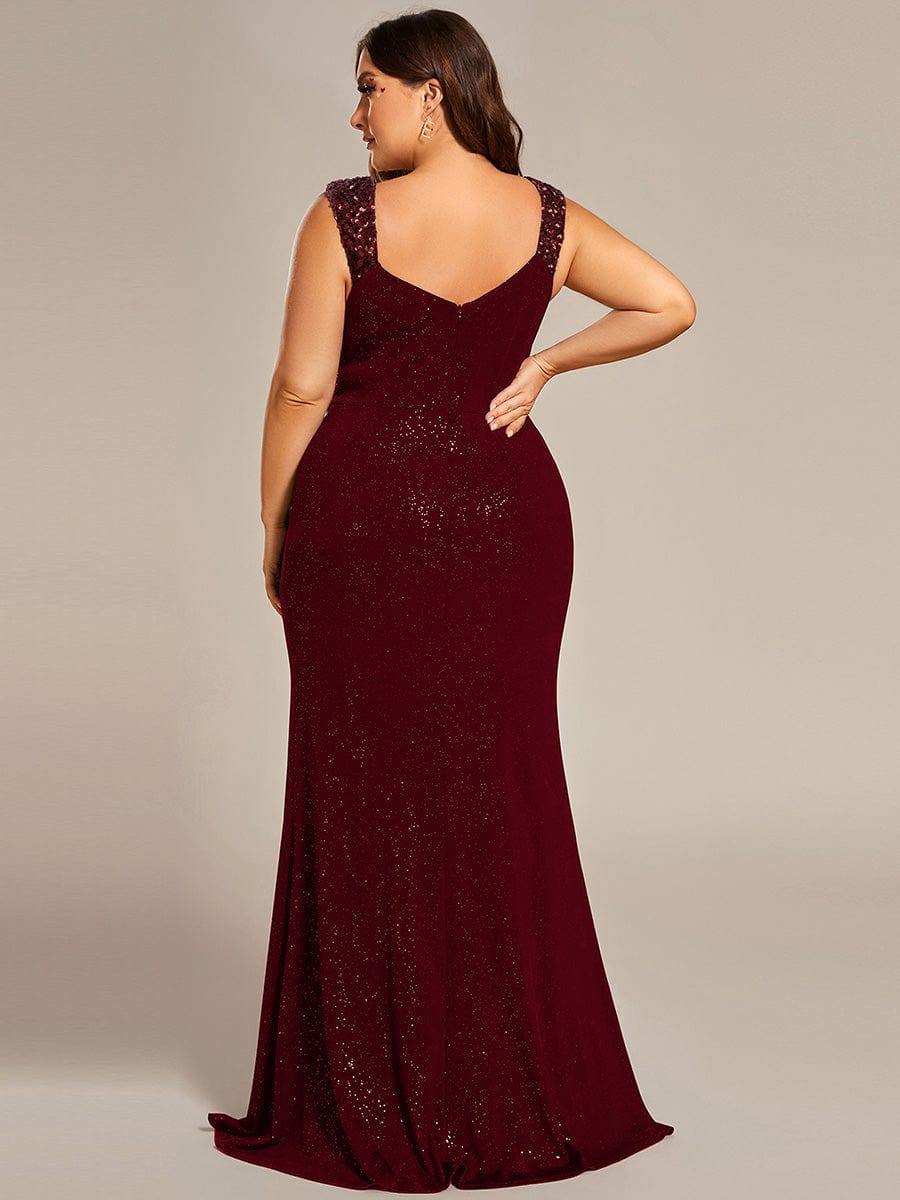 Plus Size Glitter V-Neck High Slit Sequin Shoulder Strap Evening Dress #color_Burgundy