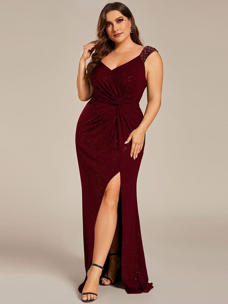 Glitter V-Neck High Slit Sequin Shoulder Strap Evening Dress #color_Burgundy