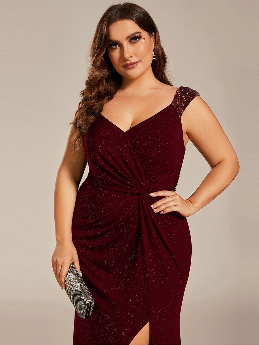 Plus Size Glitter V-Neck High Slit Sequin Shoulder Strap Evening Dress #color_Burgundy