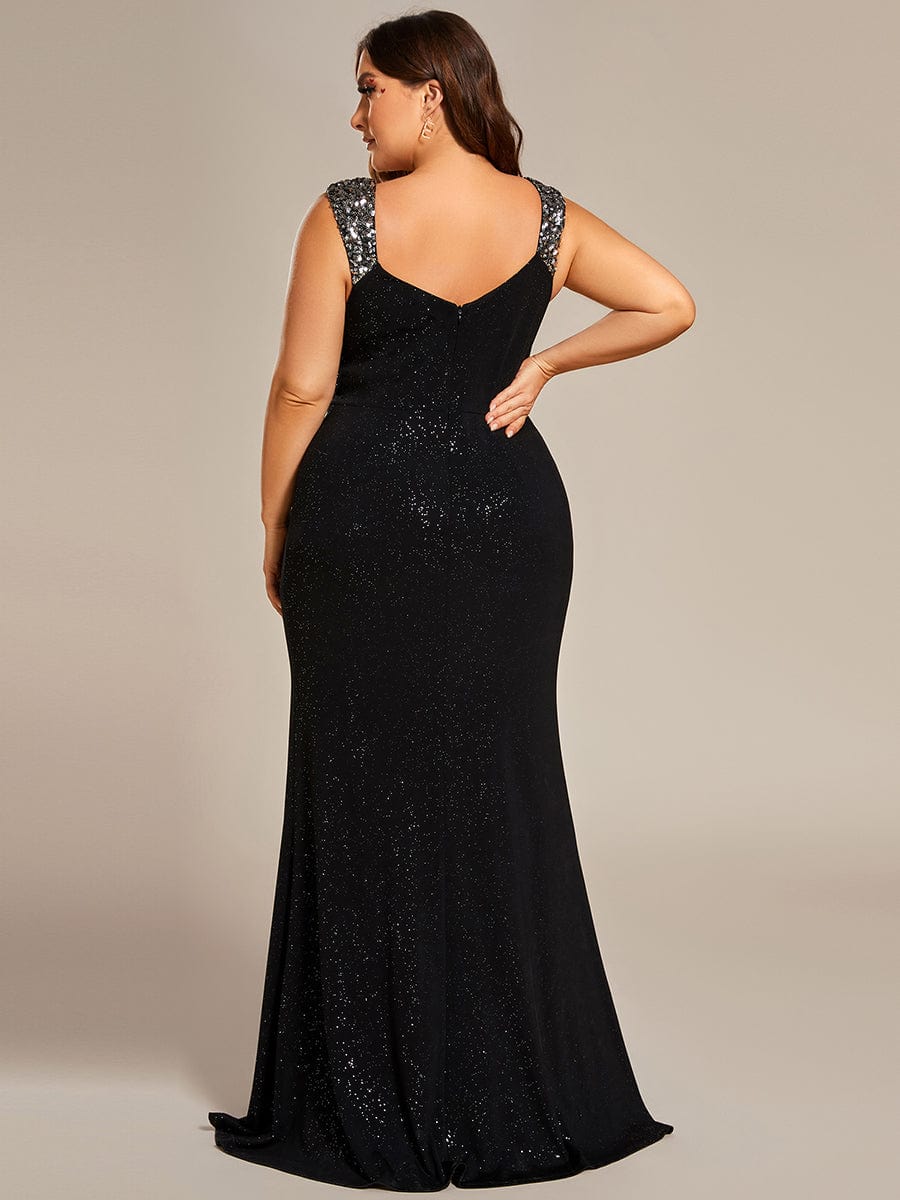 Glitter V-Neck High Slit Sequin Shoulder Strap Evening Dress #color_Black