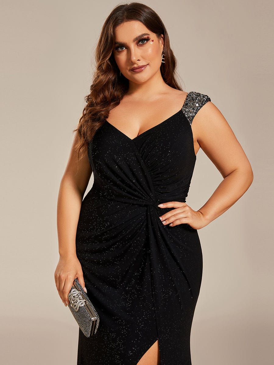 Glitter V-Neck High Slit Sequin Shoulder Strap Evening Dress #color_Black