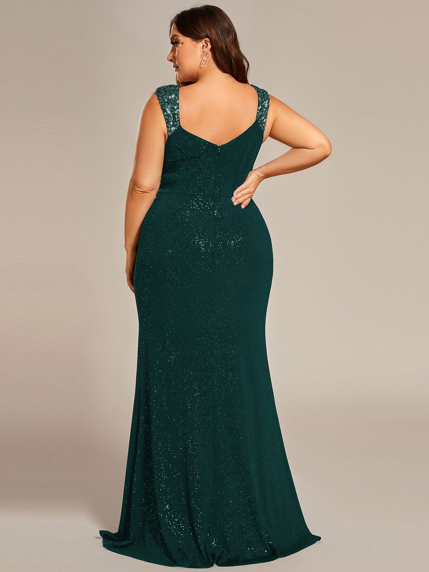 Glitter V-Neck High Slit Sequin Shoulder Strap Evening Dress #color_Dark Green