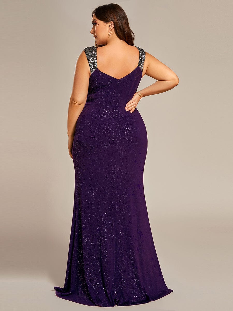 Glitter V-Neck High Slit Sequin Shoulder Strap Evening Dress #color_Dark Purple