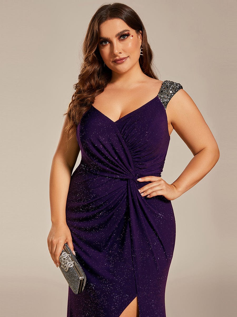 Glitter V-Neck High Slit Sequin Shoulder Strap Evening Dress #color_Dark Purple