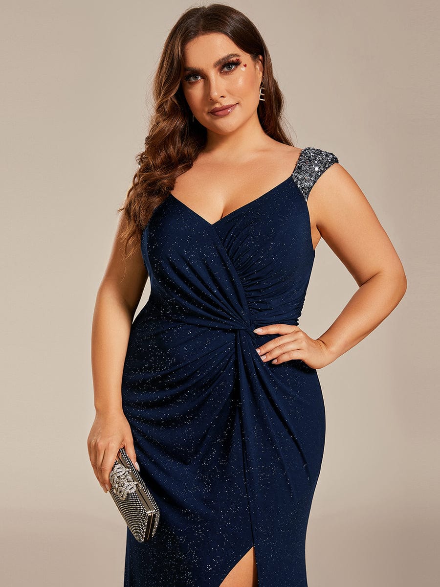 Plus Size Glitter V-Neck High Slit Sequin Shoulder Strap Evening Dress #color_Navy Blue