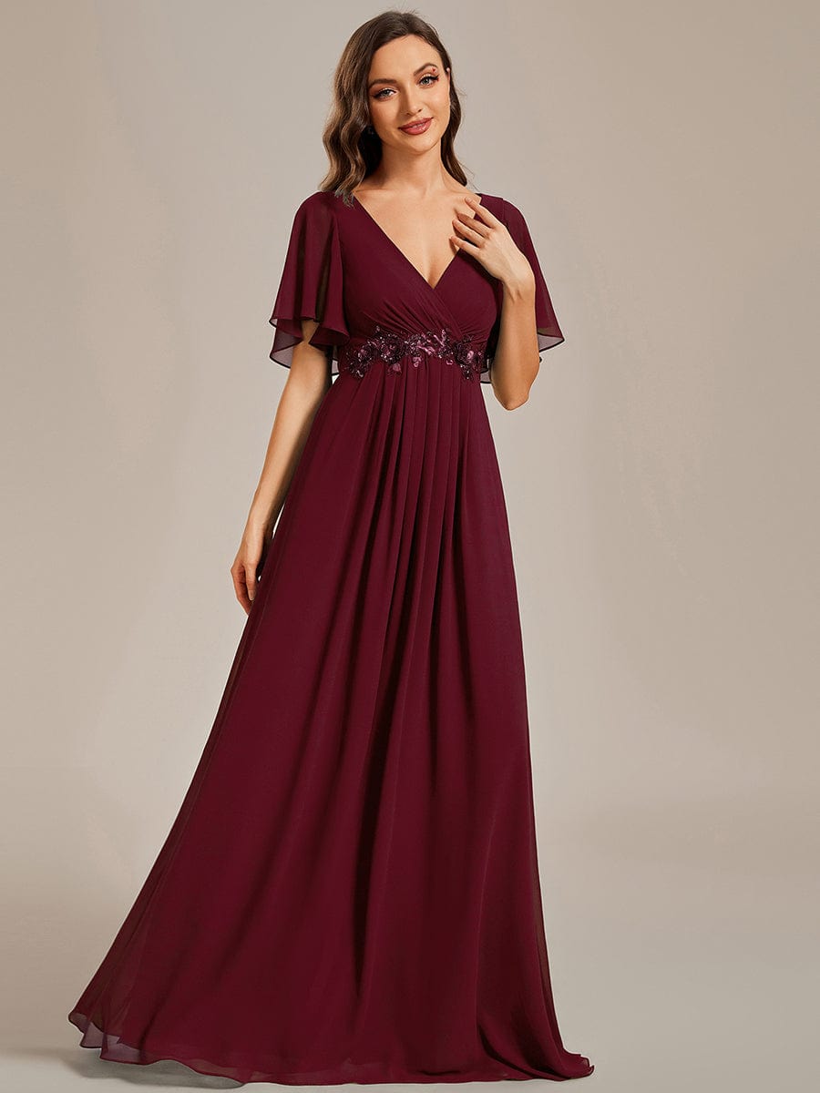 Ruffles Sleeve A-Line Chiffon Waist Applique Maxi Evening Dress #color_Burgundy