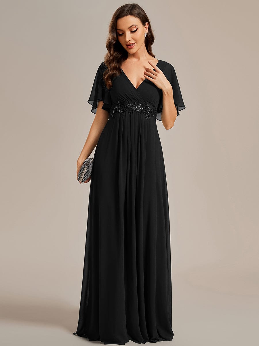 Ruffles Sleeve A-Line Chiffon Waist Applique Maxi Evening Dress #color_Black