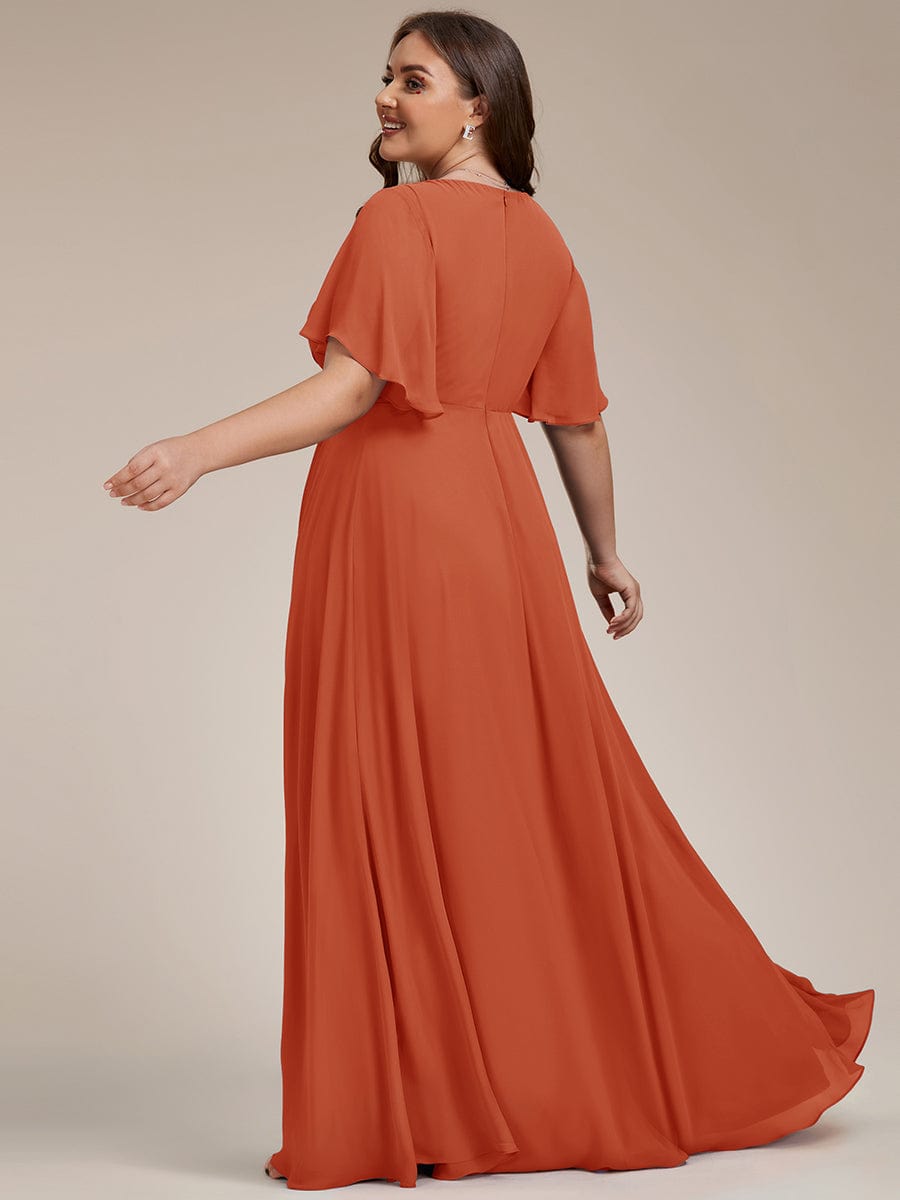 Ruffles Sleeve A-Line Chiffon Waist Applique Maxi Evening Dress #color_Burnt Orange