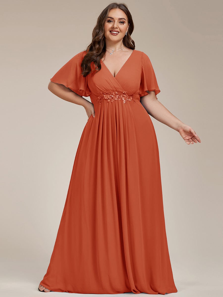 Plus Size Floral Applique Short Sleeve A-Line Chiffon Evening Dress #color_Burnt Orange