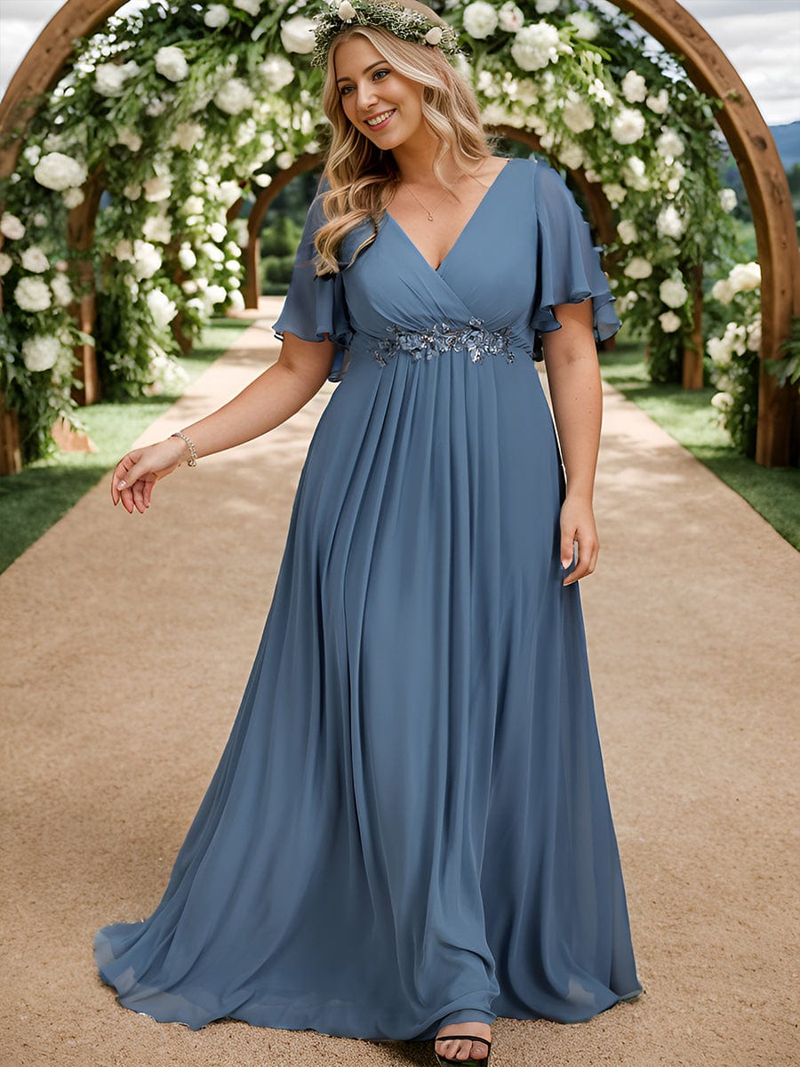 Plus Size Floral Applique Short Sleeve A-Line Chiffon Evening Dress #color_Dusty Navy