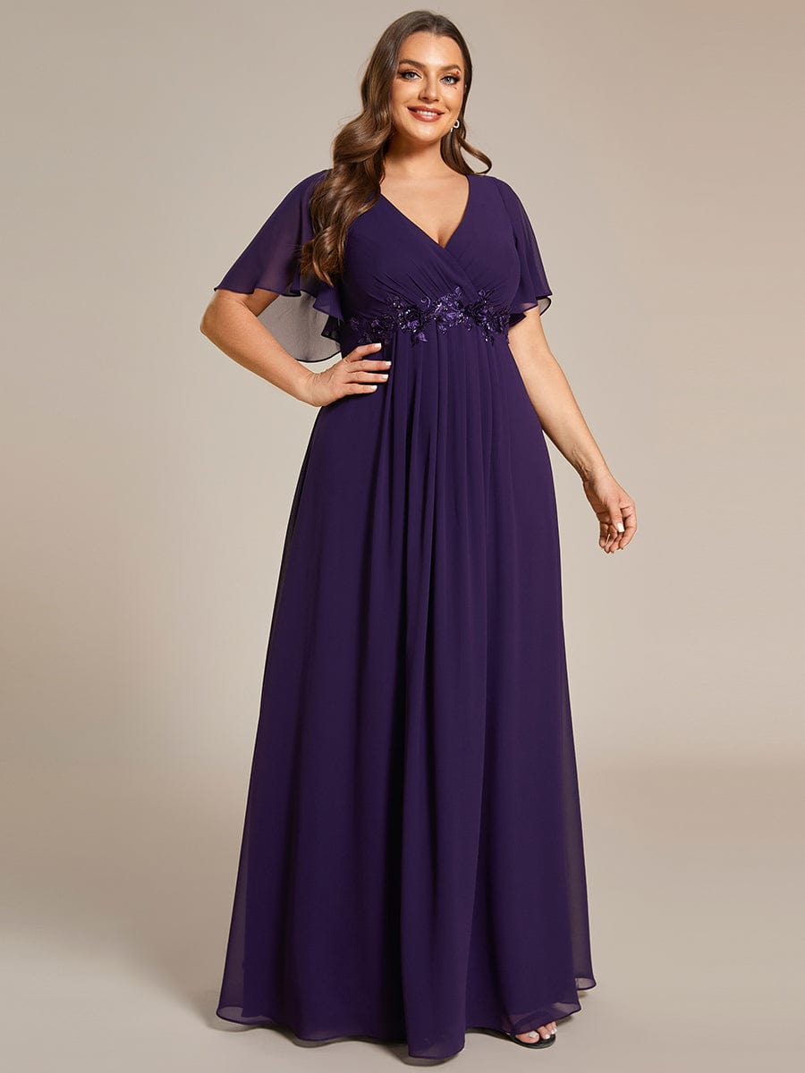 Plus Size Floral Applique Short Sleeve A-Line Chiffon Evening Dress #color_Dark Purple