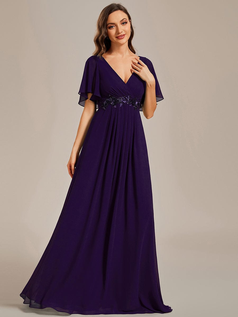 Ruffles Sleeve A-Line Chiffon Waist Applique Maxi Evening Dress #color_Dark Purple