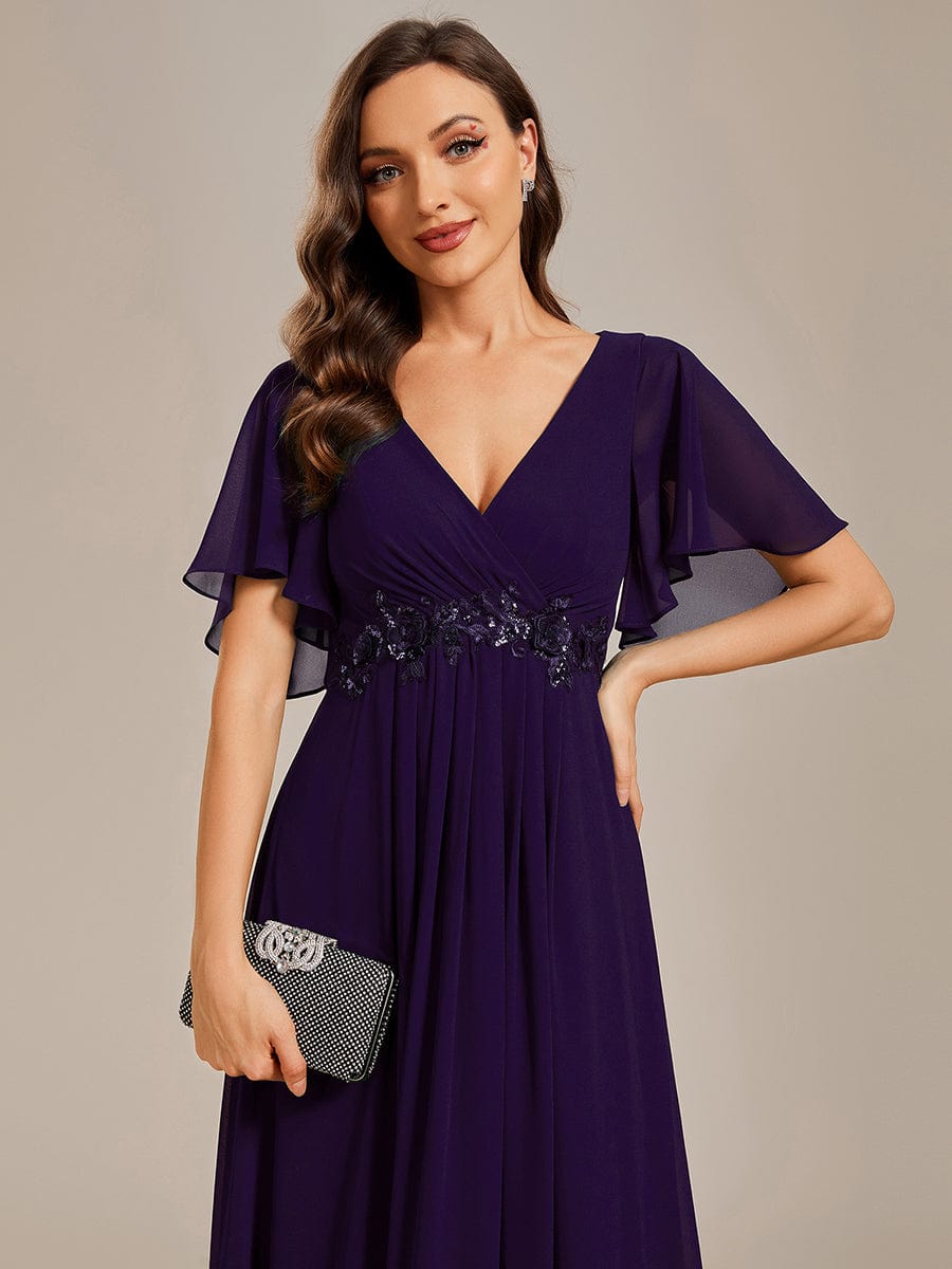 Ruffles Sleeve A-Line Chiffon Waist Applique Maxi Evening Dress #color_Dark Purple