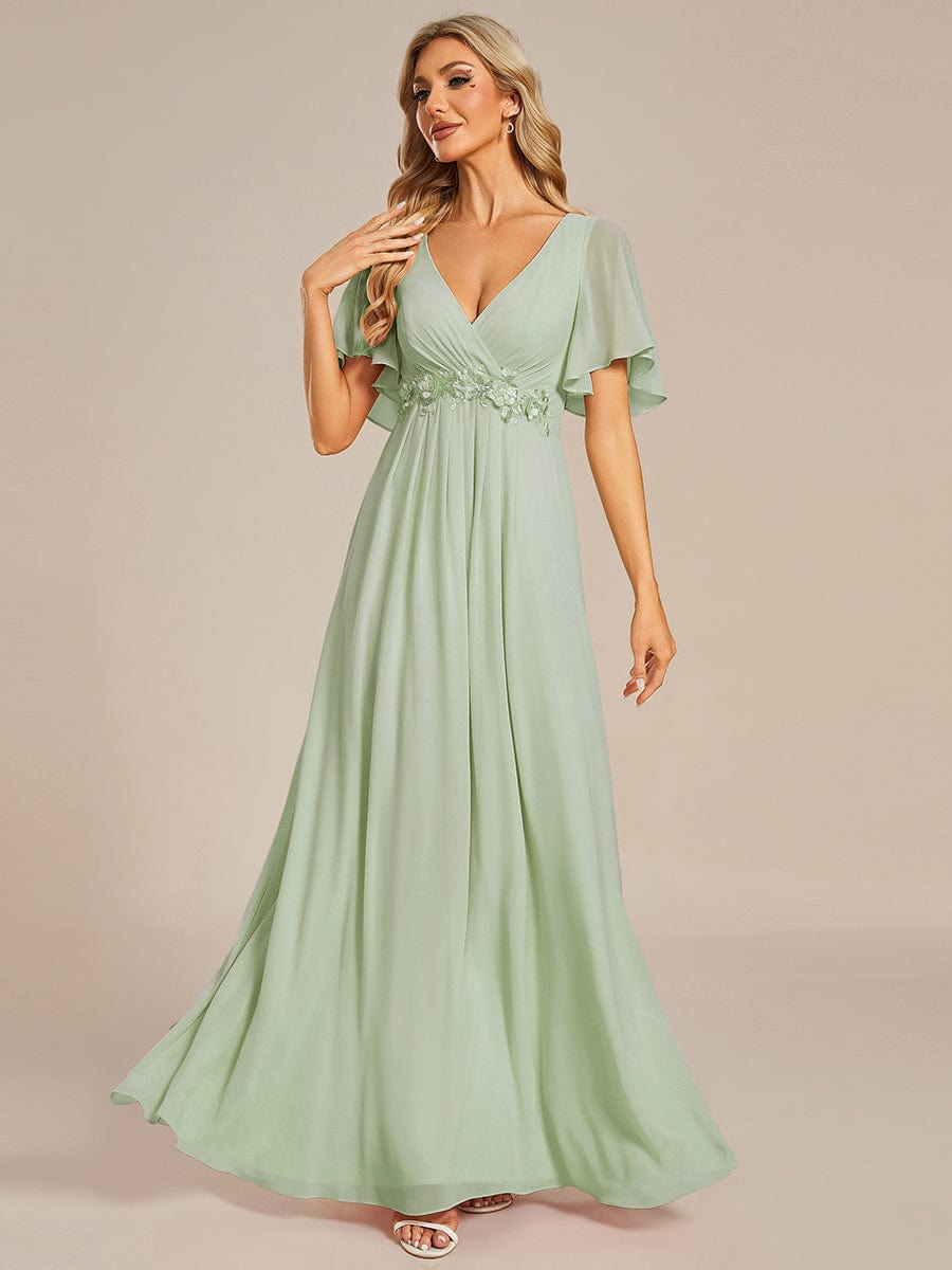 Ruffles Sleeve A-Line Chiffon Waist Applique Maxi Evening Dress #color_Mint Green