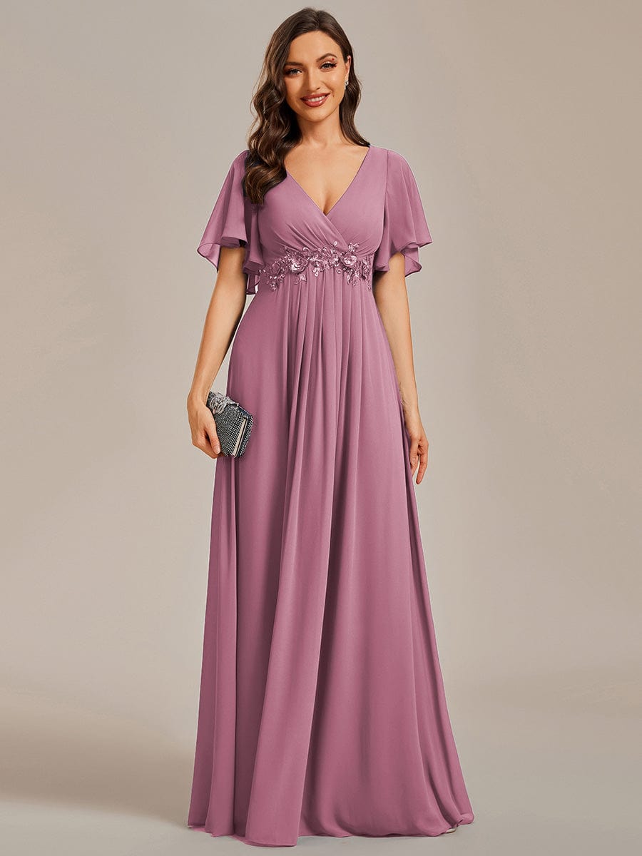 Ruffles Sleeve A-Line Chiffon Waist Applique Maxi Evening Dress #color_Purple Orchid