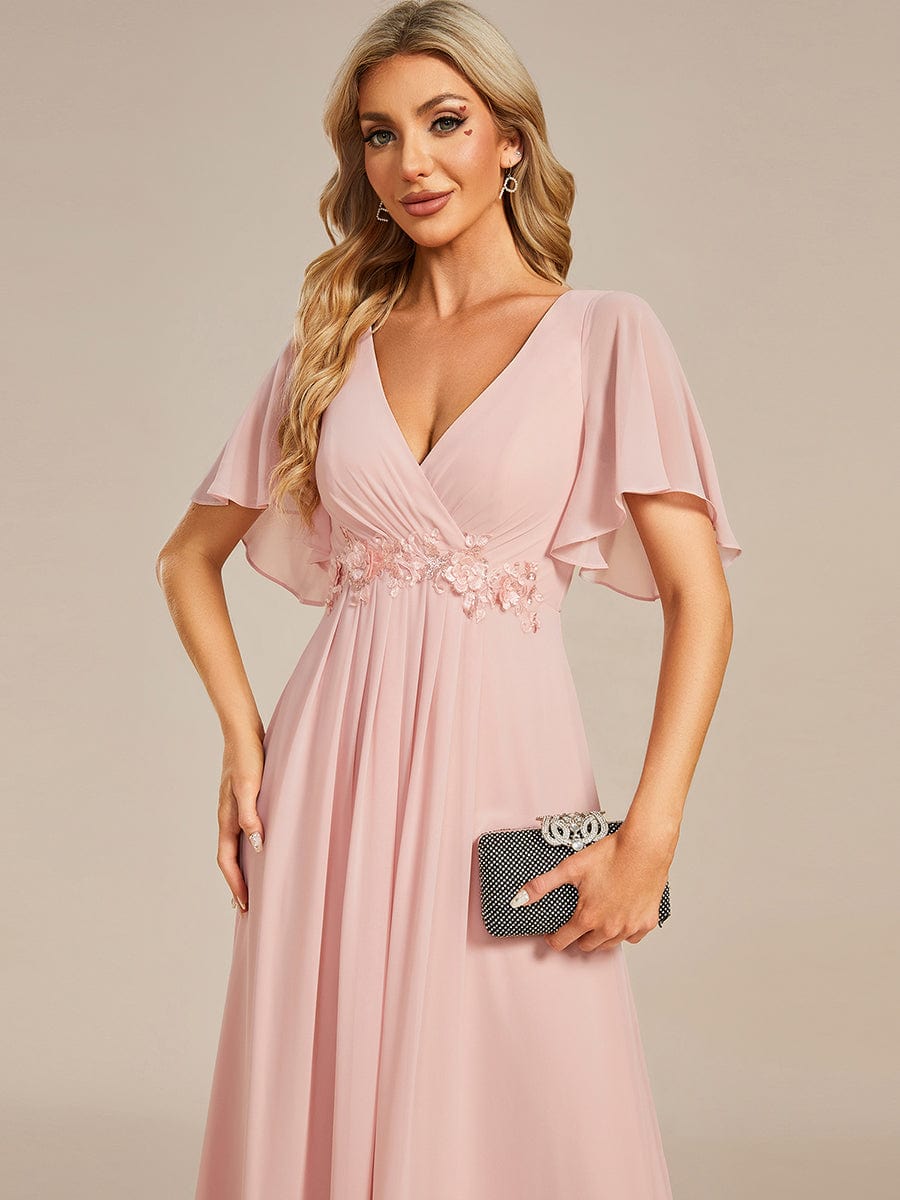 Ruffles Sleeve A-Line Chiffon Waist Applique Maxi Evening Dress #color_Pink